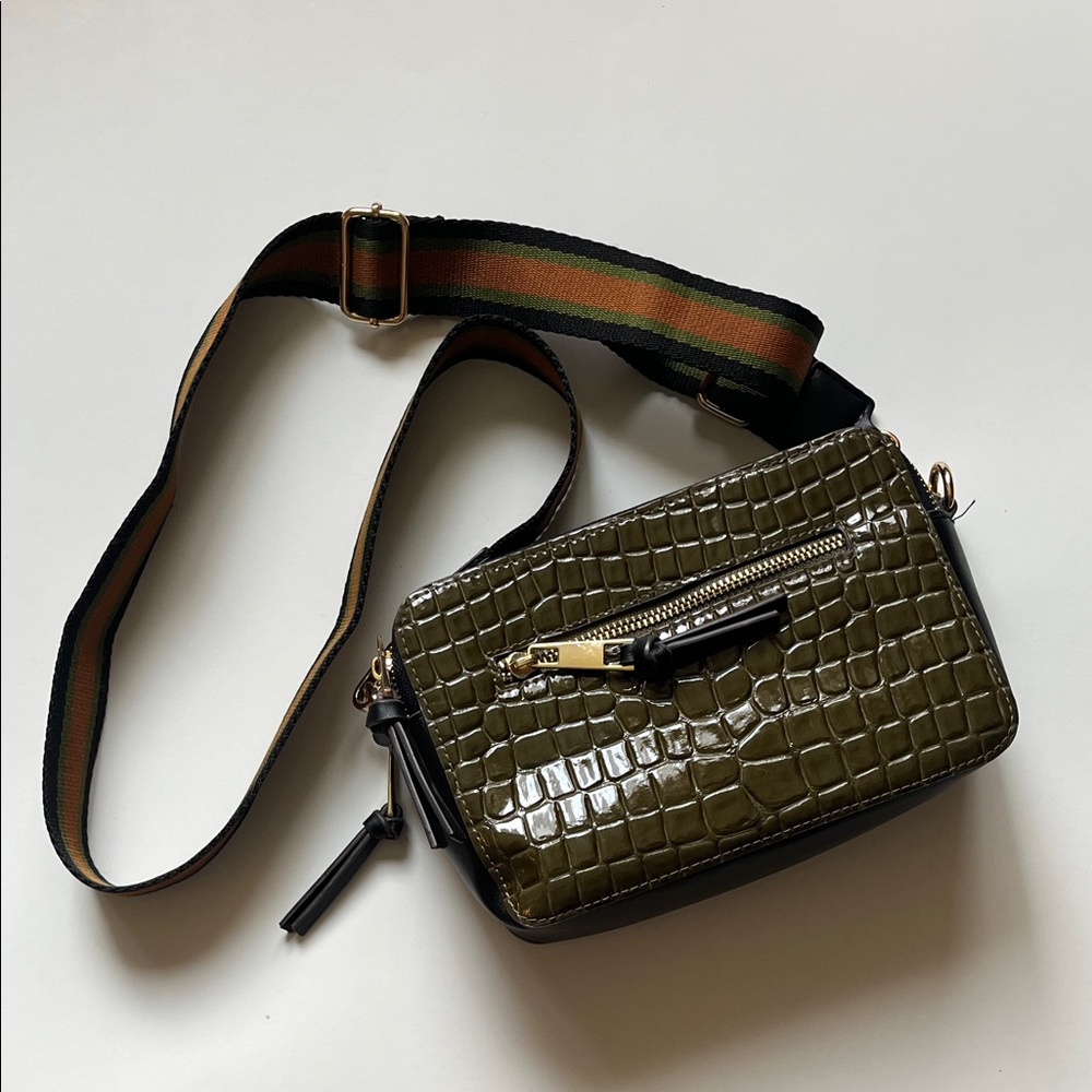 Sondra Roberts Dark Brown and Green Crocodile-Embossed Crossbody Bag